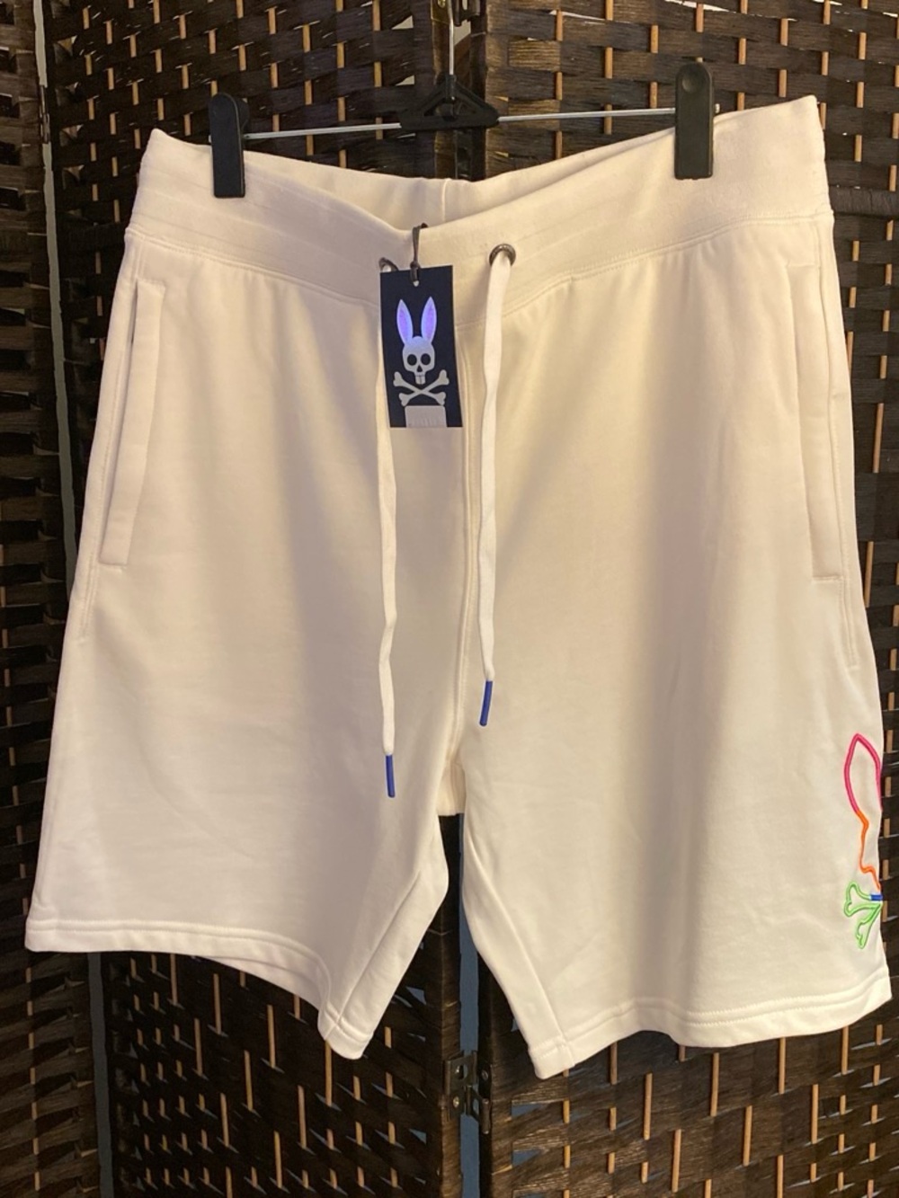 Psycho Bunny White Drawstring Men’s Shorts with Neon Bunny Embroidery